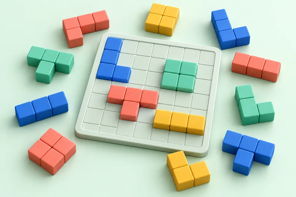 Illustration of colorful block pieces and a square puzzle board
