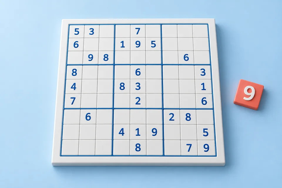 Illustration of a Sudoku board beside a coral tile with the number nine