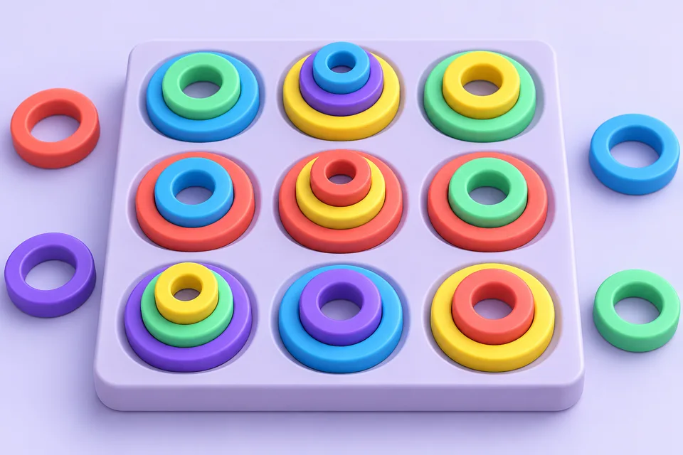 Illustration of colorful concentric rings arranged on a puzzle board